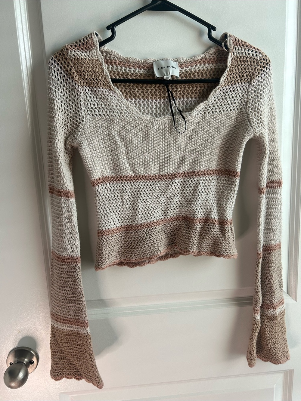 Pink Rose Cream and Beige Striped Open-Knit Scoop Neck Sweater
